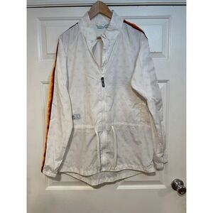 L ALDI Gear White Rainbow Windbreaker Jacket‎ Lightweight Waist Cinch Long
